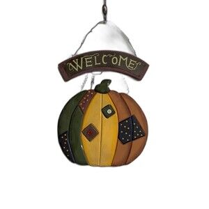 Vintage Hand Painted Patchwork Wood Welcome Hanging Multicolor Pumpkin 12"